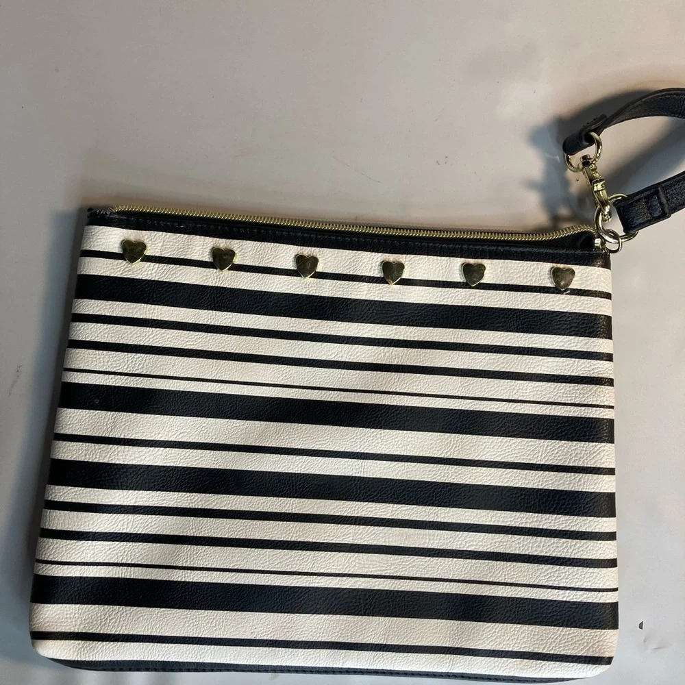 Betsey Johnson white black striped cosmetic make up travel bag